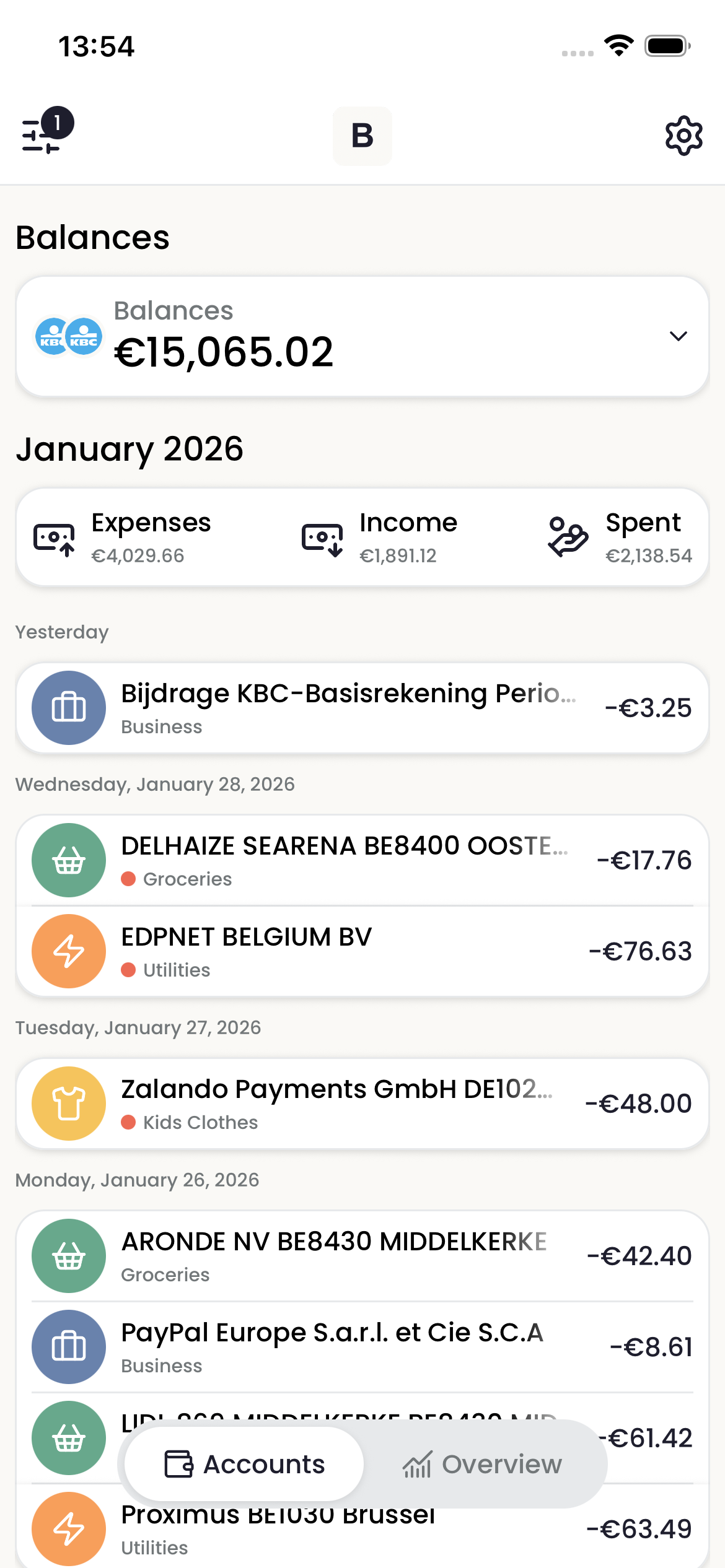 Basteon Accounts screen